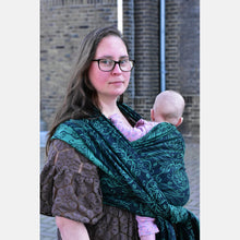 Load image into Gallery viewer, Yaro woven wrap - Elvish Duo Black Blue-Green Wool Tencel - 50% cotton, 30% merino wool, 20% tencel