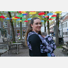 Load image into Gallery viewer, Yaro ring sling - Rainfall Duo Black Lavender White Seacell Ring Sling - 90% cotton, 10% seacell