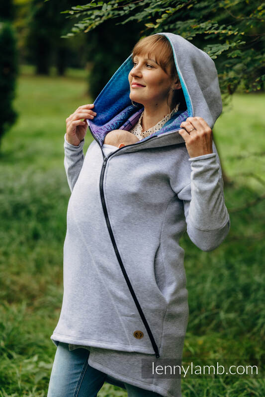 Asymmetrical Hoodie - Grey Melange with Peacock's Tail - Fantasy