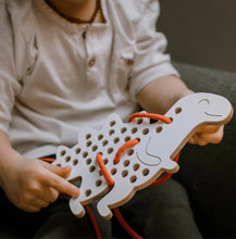 Load image into Gallery viewer, Pre-order! - Alex the Dinosaur - wooden Montessori lacing toy
