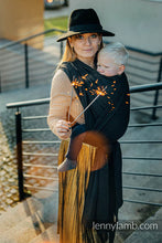 Load image into Gallery viewer, Lenny Lamb Woven Baby Wrap - PEACOCK&#39;S TAIL - PITCH BLACK - 59% cotton, 41% merino wool
