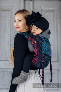 Lenny Buckle Onbuhimo Carrier - PEACOCK'S TAIL - BLACK OPAL - 60% Cotton, 28% Merino Wool, 8% Silk, 4% Cashmere