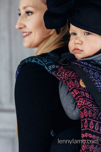 Lenny Buckle Onbuhimo Carrier - PEACOCK'S TAIL - BLACK OPAL - 60% Cotton, 28% Merino Wool, 8% Silk, 4% Cashmere