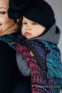 Lenny Buckle Onbuhimo Carrier - PEACOCK'S TAIL - BLACK OPAL - 60% Cotton, 28% Merino Wool, 8% Silk, 4% Cashmere