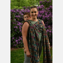 Load image into Gallery viewer, Yaro Woven wrap - Petals Duo Black Camel Rainbow Wool Silk Seacell - 60% Cotton, 20% Wool, 10% Silk, 10% Seacell - Sale!
