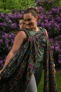 Yaro Woven wrap - Petals Duo Black Camel Rainbow Wool Silk Seacell - 60% Cotton, 20% Wool, 10% Silk, 10% Seacell - Sale!