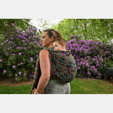 Load image into Gallery viewer, Yaro Woven wrap - Petals Duo Black Camel Rainbow Wool Silk Seacell - 60% Cotton, 20% Wool, 10% Silk, 10% Seacell - Sale!
